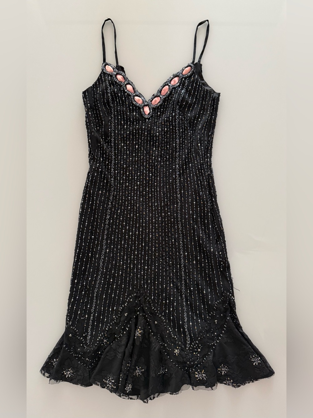 Black & Pink Silk Beaded Evening Gown Dress - Size M - Vintage - *Please Read*